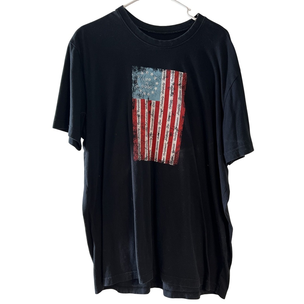 Life is Good Mens XL Black Distressed American Flag Graphic T-Shirt Patriotic